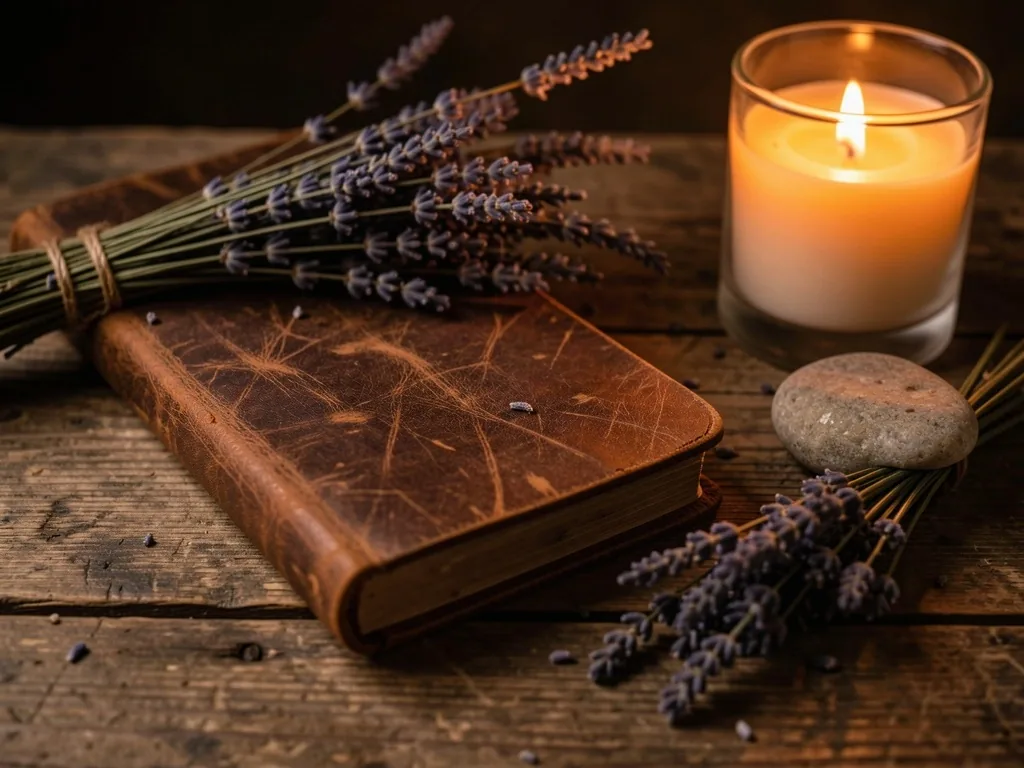 Journal en cuir posé sur une table rustique avec du lavender séché