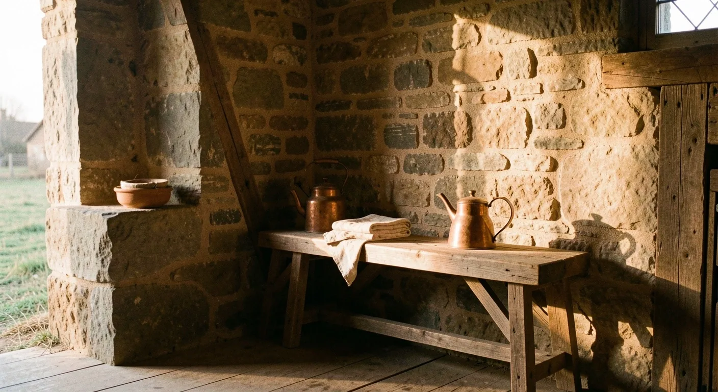 Intérieur d'une grange en pierre au lever du jour