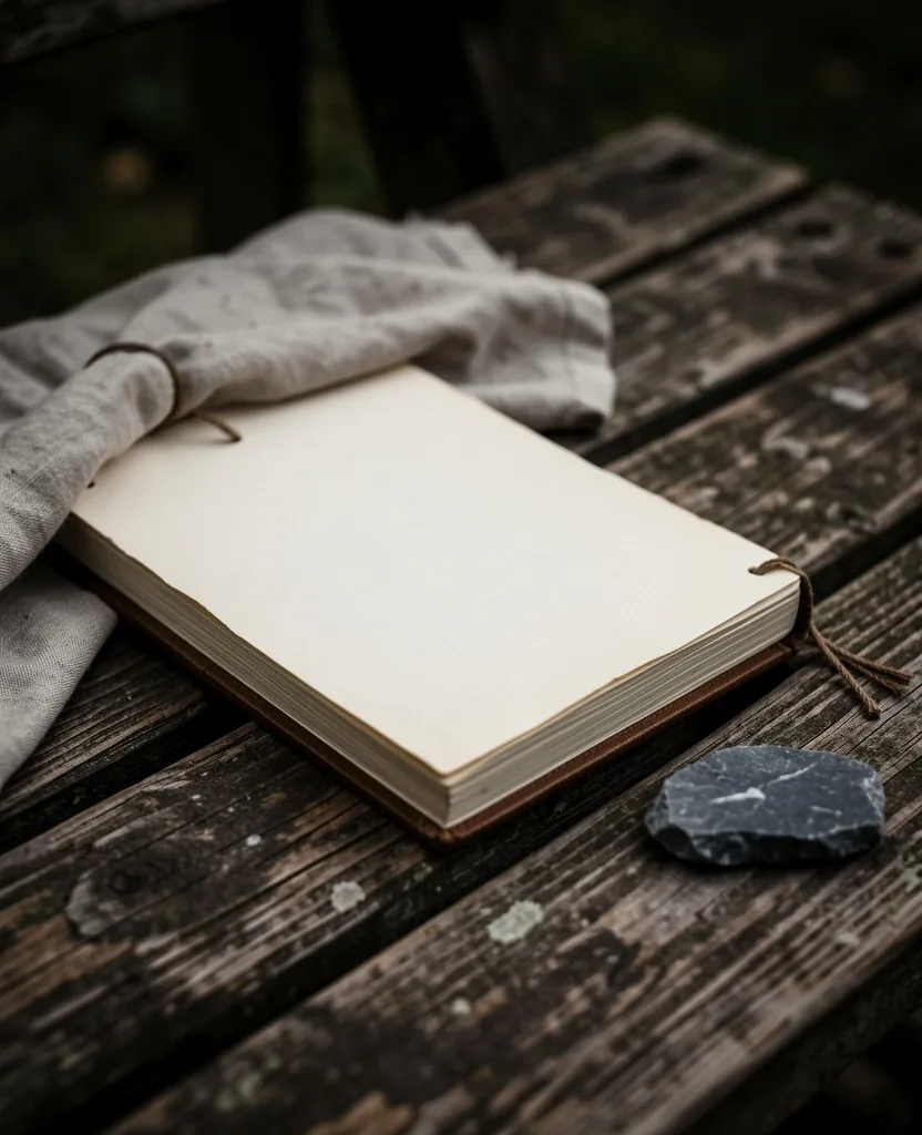 Carnet en cuir et stylo sur bois sombre