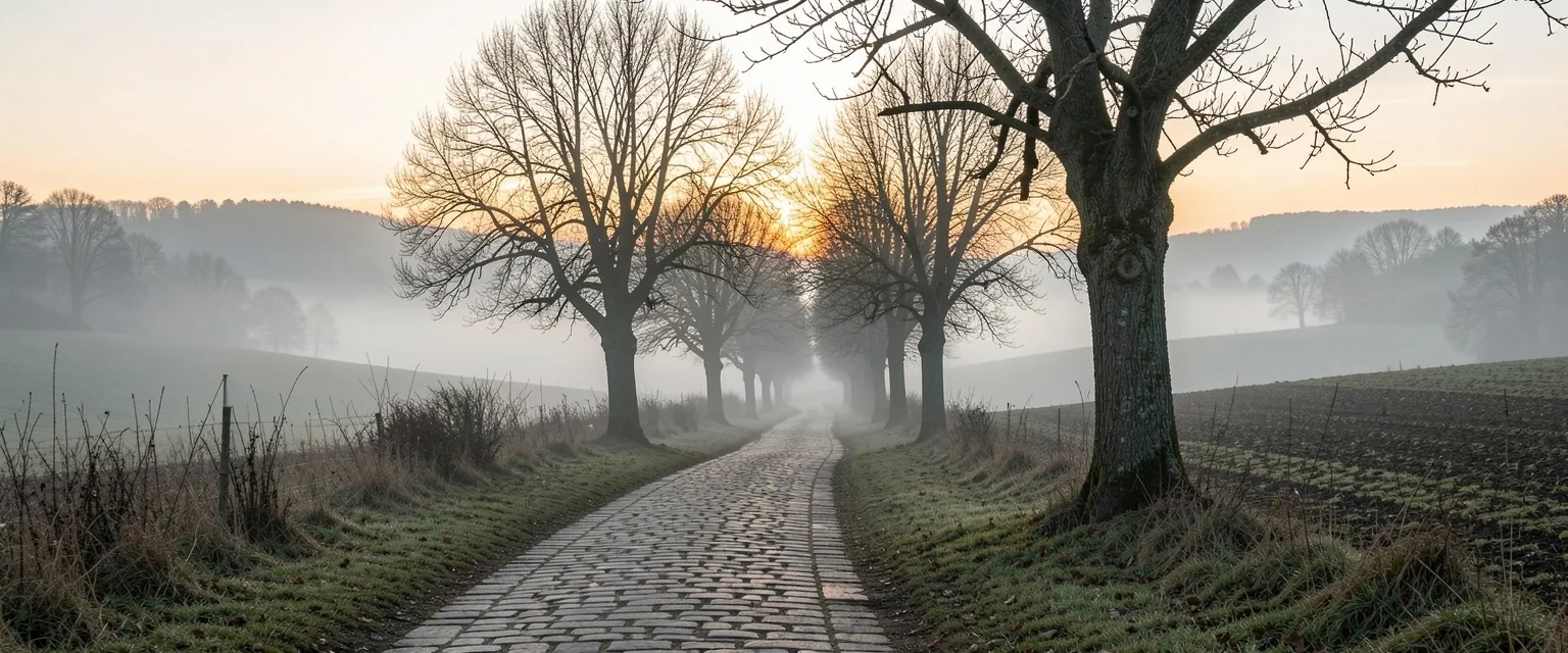 Sentier de pierre dans la campagne française brumeuse