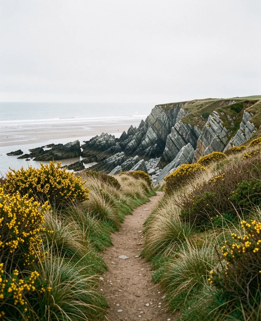 Sentier côtier breton à marée basse