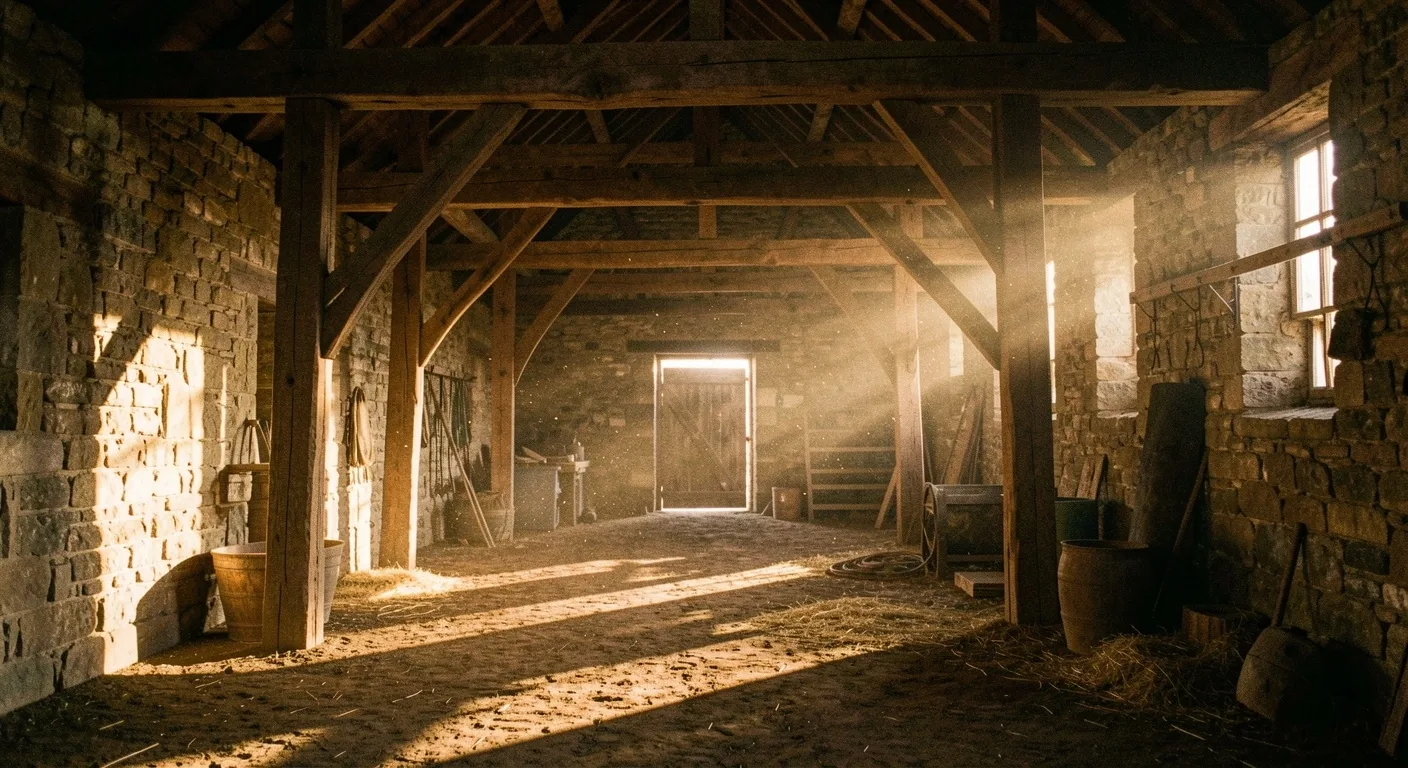 Intérieur d'une grange en pierre au crépuscule