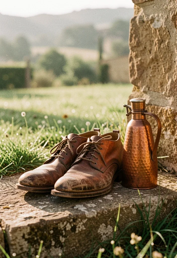 Chaussures de marche en cuir posées sur une marche en pierre