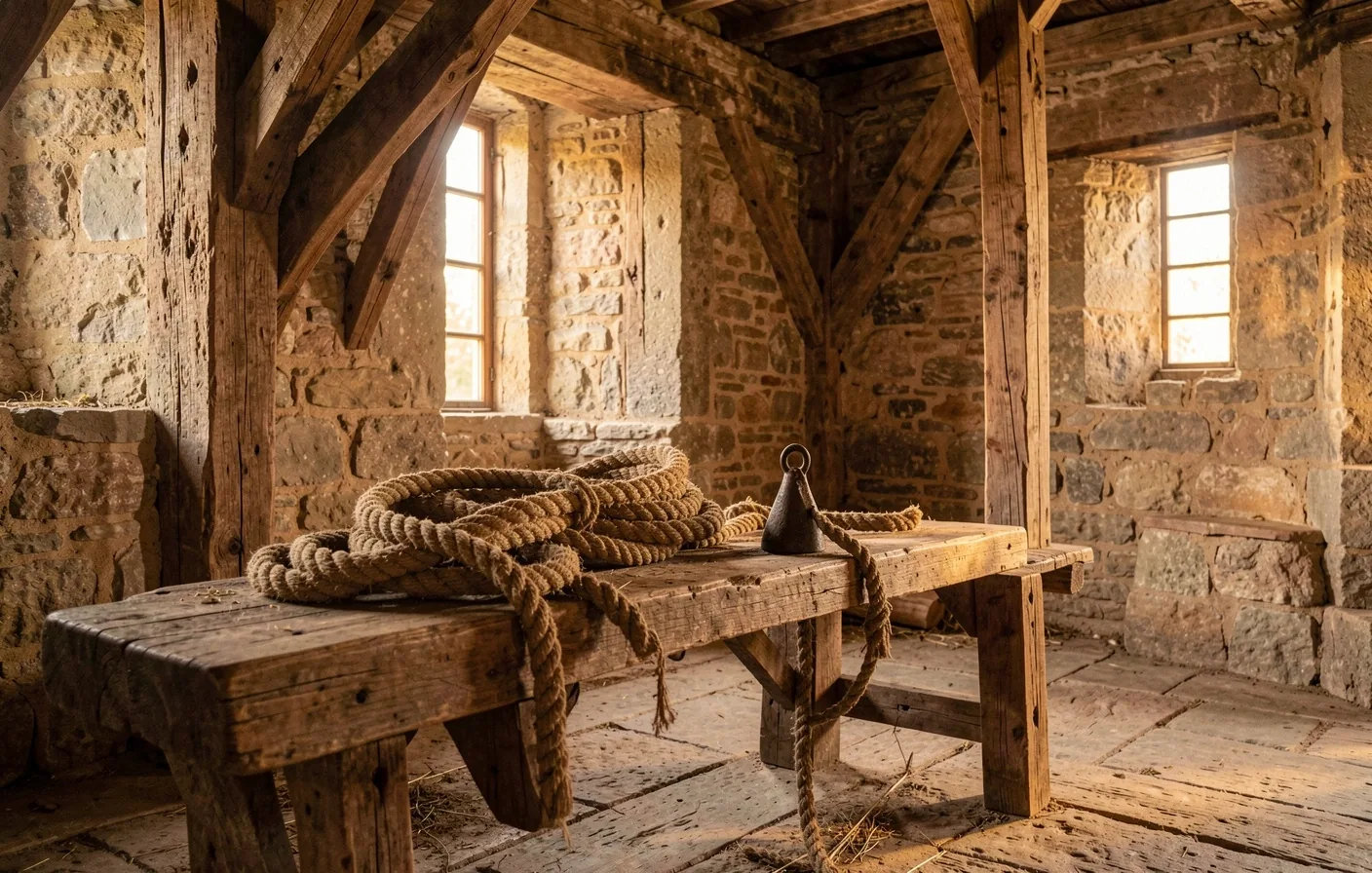 Intérieur d'une grange en pierre au lever du jour