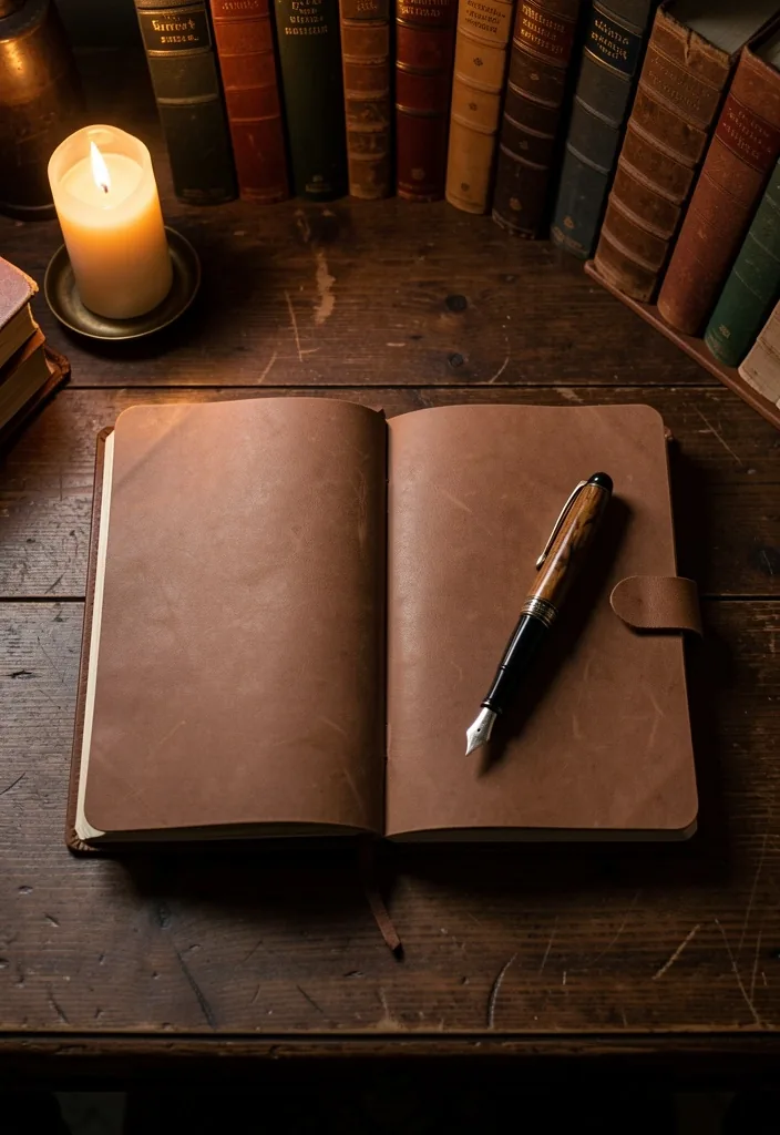 Journal en cuir ouvert sur une table sombre